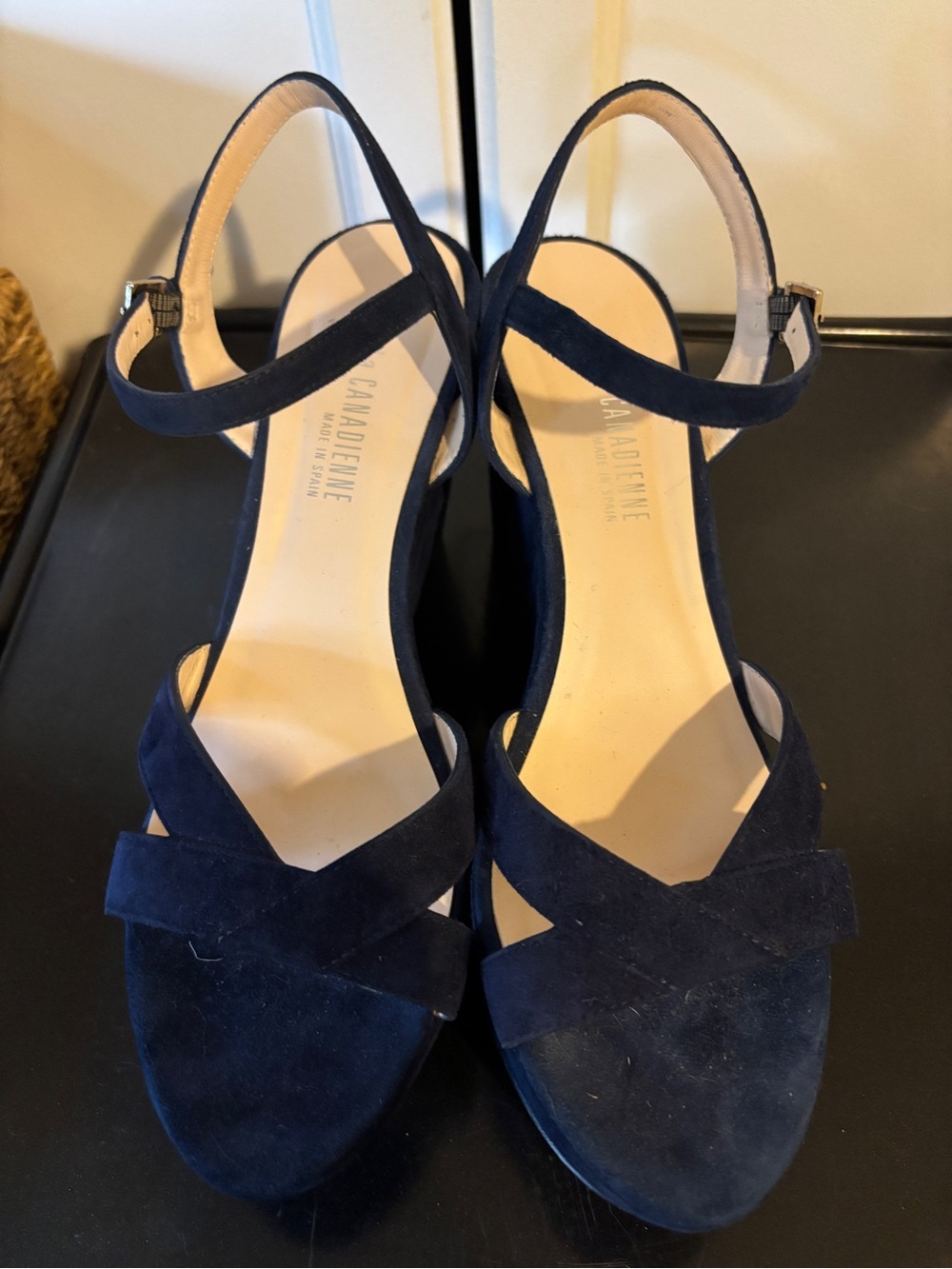 La CANADIENNE Navy Suede Crisscross Strap Wedge platform Sandals